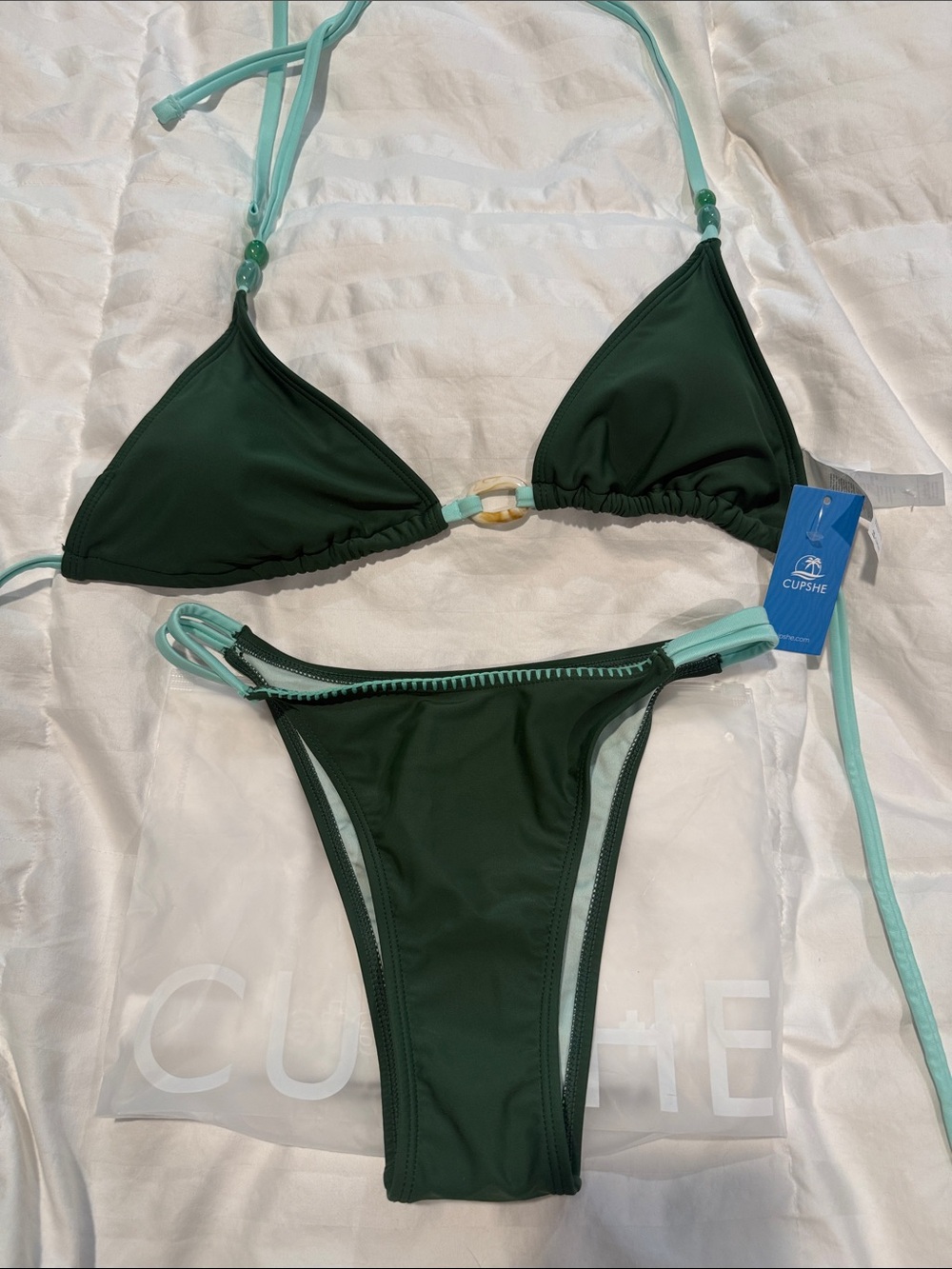 NWT Cupshe Forest Green Triangle Bikini with Mint Trim and Bead Accents